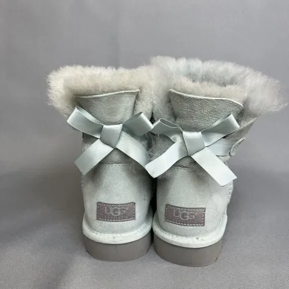 Womens Ugg Boots Sz 8 Ice Blue Bailey Bow Mini Suede Sherpa Coquette Festival - Picture 10 of 13